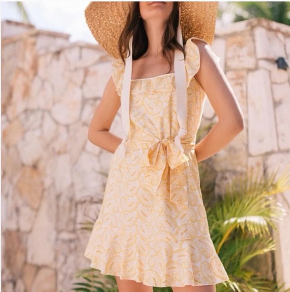 Gal Meets Glam Abby Eyelet Ruffled Sleeveless Dress Golden Yellow Size 6 Summer